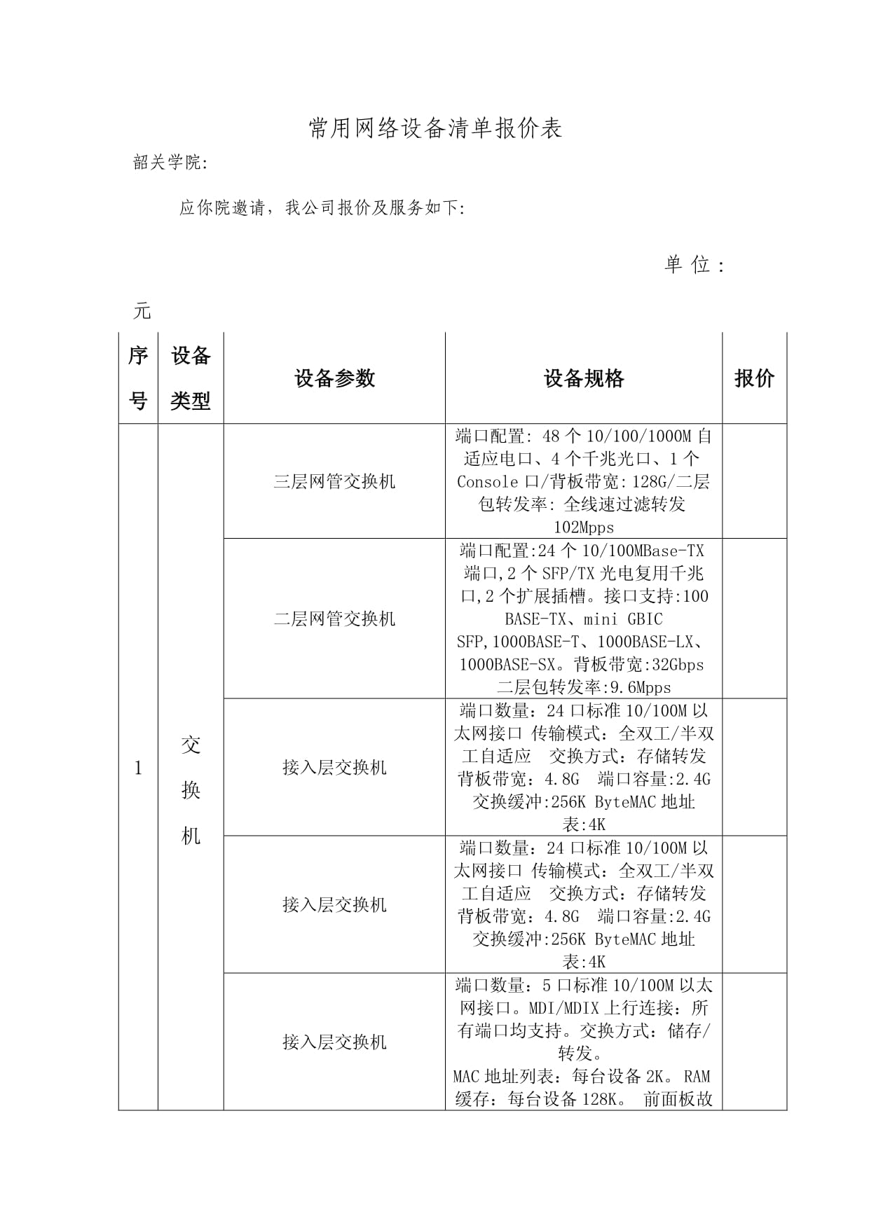 校园网核心网络设备清单与销售解决方案